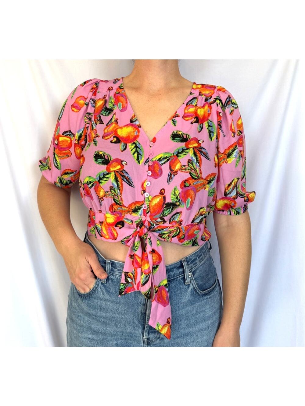 Joie Tropical Bright Pink Floral Orange Fruit Crop Tie Blouse Top, Large